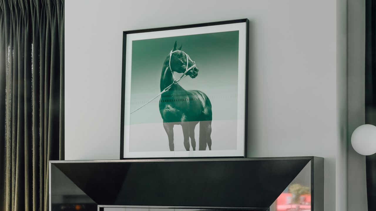 a horse photograph on a mantlepiece