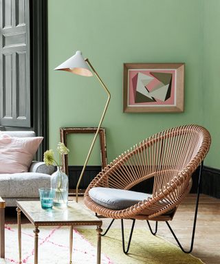 Lime green living room with abstract artwork