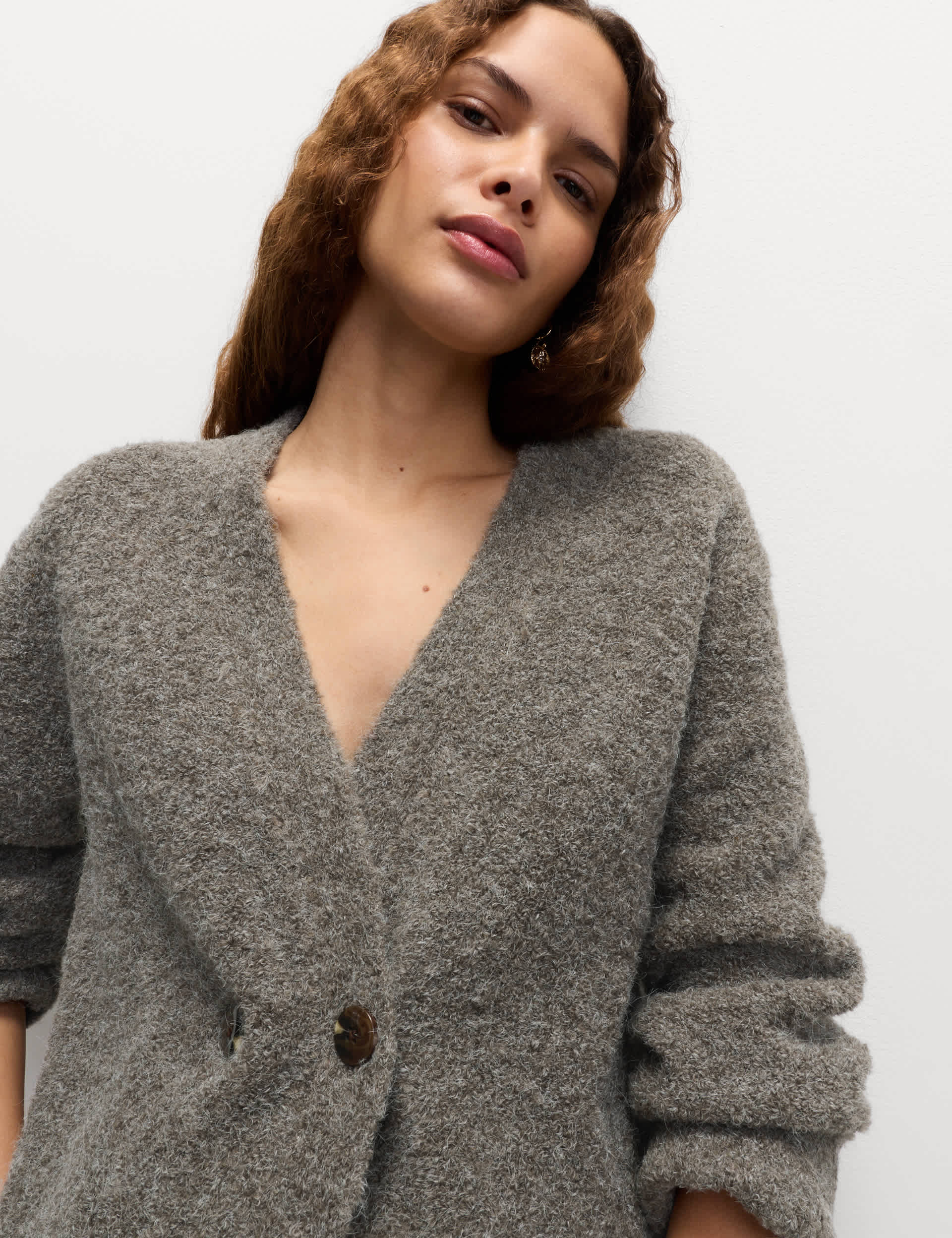 Boucl&amp;eacute; V-Neck Button Front Cardigan With Wool