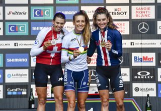 L to r: Alessandra Keller, Pauline Ferrand Prevot, Gwendalyn Gibson on the XCC short track podium at the UCI Mountain Bike World Championships 2022