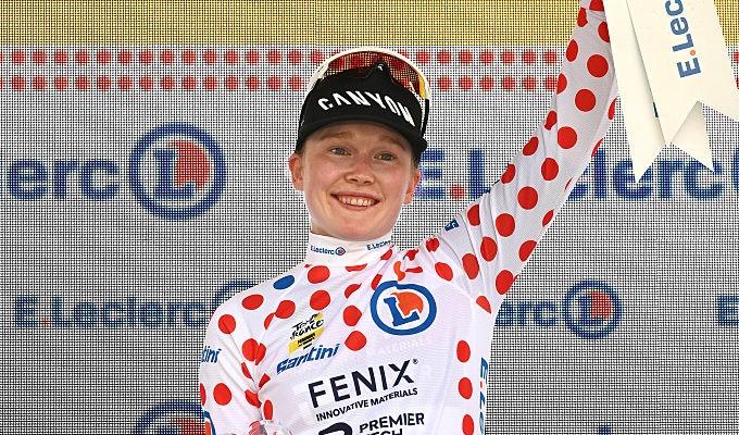 POLIGNY, FRANCE - AUGUST 03: Puck Pieterse of Netherlands and Team Fenix - Premier Tech celebrates at podium as Polka Dot Mountains Jersey winner during the 5th Tour de France Femmes 2026 - Stage 3 a 156.5km stage from Geneva to Poligny / #UCIWWT / on August 03, 2026 in Poligny, France. (Photo by Tim de Waele/Getty Images)