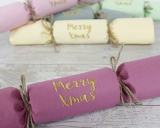 2 Green Monkeys Sustainable Reusable Personalised Christmas Cracker, Set of 5, in velvet fabric and embroideered with 'Merry Xmas'