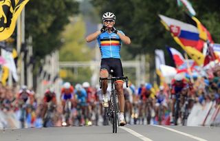 Philippe Gilbert (Belgium) attacked on the final ascent of the Cauberg and soloed to a world championship title.