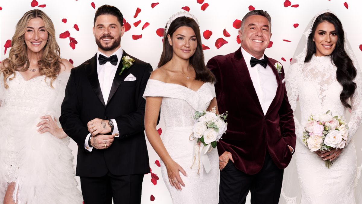 Two couples from Married at First Sight Australia season 12 in wedding clothes