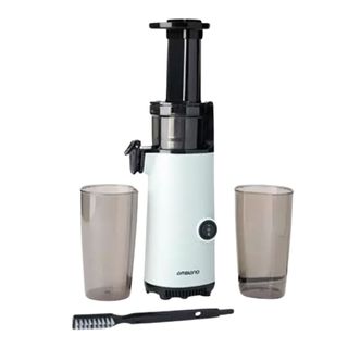 The Ambiano Cold Press Juicer in a light mint with two cups and a brush next to it
