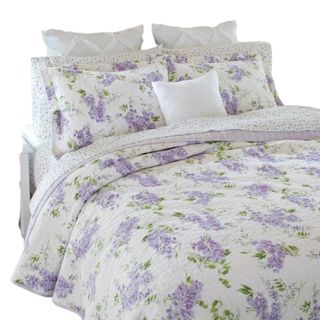 Keighley Purple White Floral 100% Cotton Reversible Quilt Set