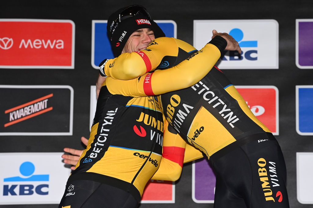 WEVELGEM BELGIUM MARCH 26 LR The second classified Wout Van Aert of Belgium and race winner Christophe Laporte of France and Team JumboVisma congratulate each other at podium during the 85th GentWevelgem in Flanders Fields 2023 Mens Elite a 2609km one day race from Ypres to Wevelgem UCIWT on March 26 2023 in Wevelgem Belgium Photo by Tim de WaeleGetty Images