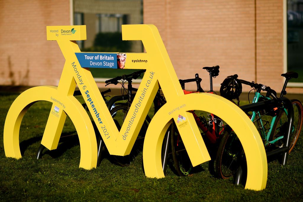 EXETER ENGLAND SEPTEMBER 06 Detailed view of a bike stand during the 17th Tour of Britain 2021 Stage 2 a 1839km stage from Sherford to Exeter TourofBritain TourofBritain on September 06 2021 in Exeter England Photo by Harry TrumpGetty Images