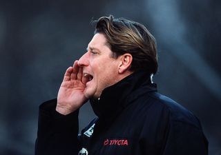 Head coach Toni Schumacher of Fortuna Cologne reacts during the second Bundesliga match between St. Pauli and Fortuna Cologne at the Millerntor Stadium on November 15, 1998 in Hamburg, Germany. (Photo by Elisenda Roig/Bongarts/Getty Images)