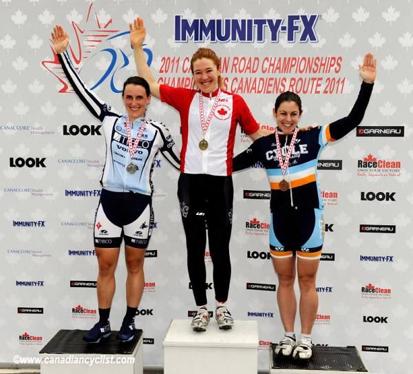 The women's podium: Tara Whitten, Clara Hughes and Rhae-Christie Shaw.