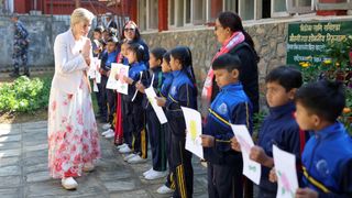 Sophie, Duchess of Edinburgh meets school children during a visit at the National Botanic Garden during an official visit to Nepal on February 06, 2025