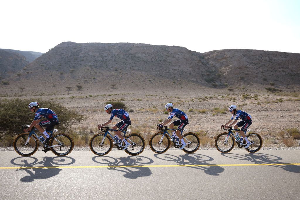 BIMMAH SINK HOLE OMAN FEBRUARY 08 LR Pepijn Reinderink of Netherlands Valentin ParetPeintre of France Mauri Vansevenant of Belgium and Gianmarco Garofoli of Italy and Team Soudal QuickStep compete during the 14th Tour of Oman Stage 1 a 1777km stage from Bushar to Bimmah Sink Hole on February 08 2025 in Bimmah Sink Hole Oman Photo by Alex BroadwayGetty Images
