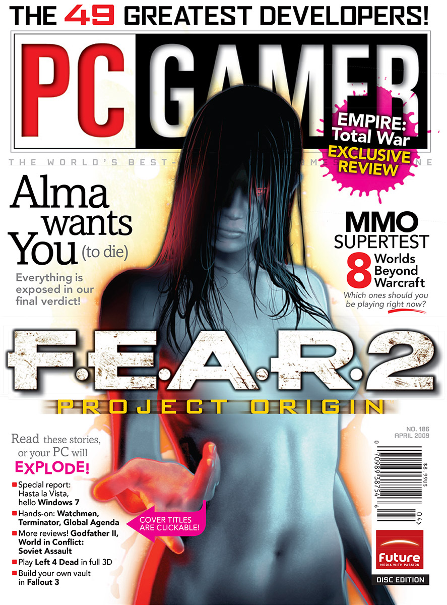 Alma from FEAR 2 on the cover of PC Gamer US issue 186, April 2009