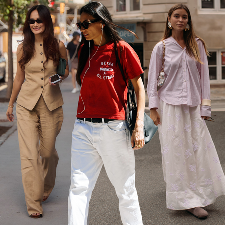 collage of fashion week attendees wearing minimalist summer outfits 