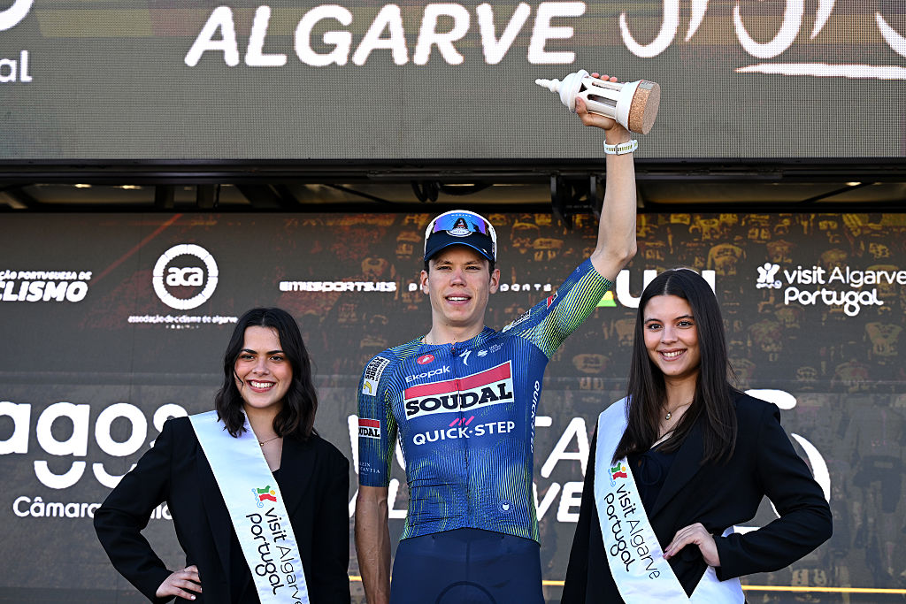 LAGOS, PORTUGAL - FEBRUARY 21: Paul Magnier of France and Team Soudal Quick-Step celebrates at podium as stage winner during the 52nd Volta ao Algarve em Bicicleta 2026, Stage 4 a 175.1km stage from Albufeira to Lagos on February 21, 2026 in Lagos, Portugal. (Photo by Dario Belingheri/Getty Images)