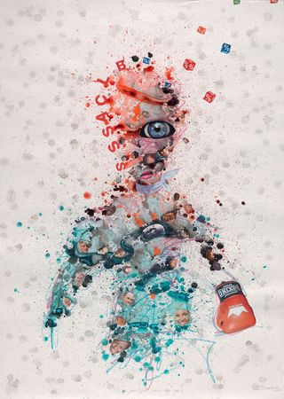 An abstract piece if artwork in the shape of a woman wearing a boxing glove, within the image are different peoples faces