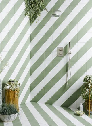 shower tile ideas with Green diagonal striped tiles