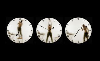 Clocks with figure of person inside, from Maarten Baas Play Time exhibition