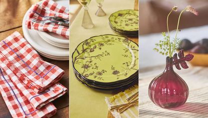 Three panel image of napkins, dinner plates and bud vase