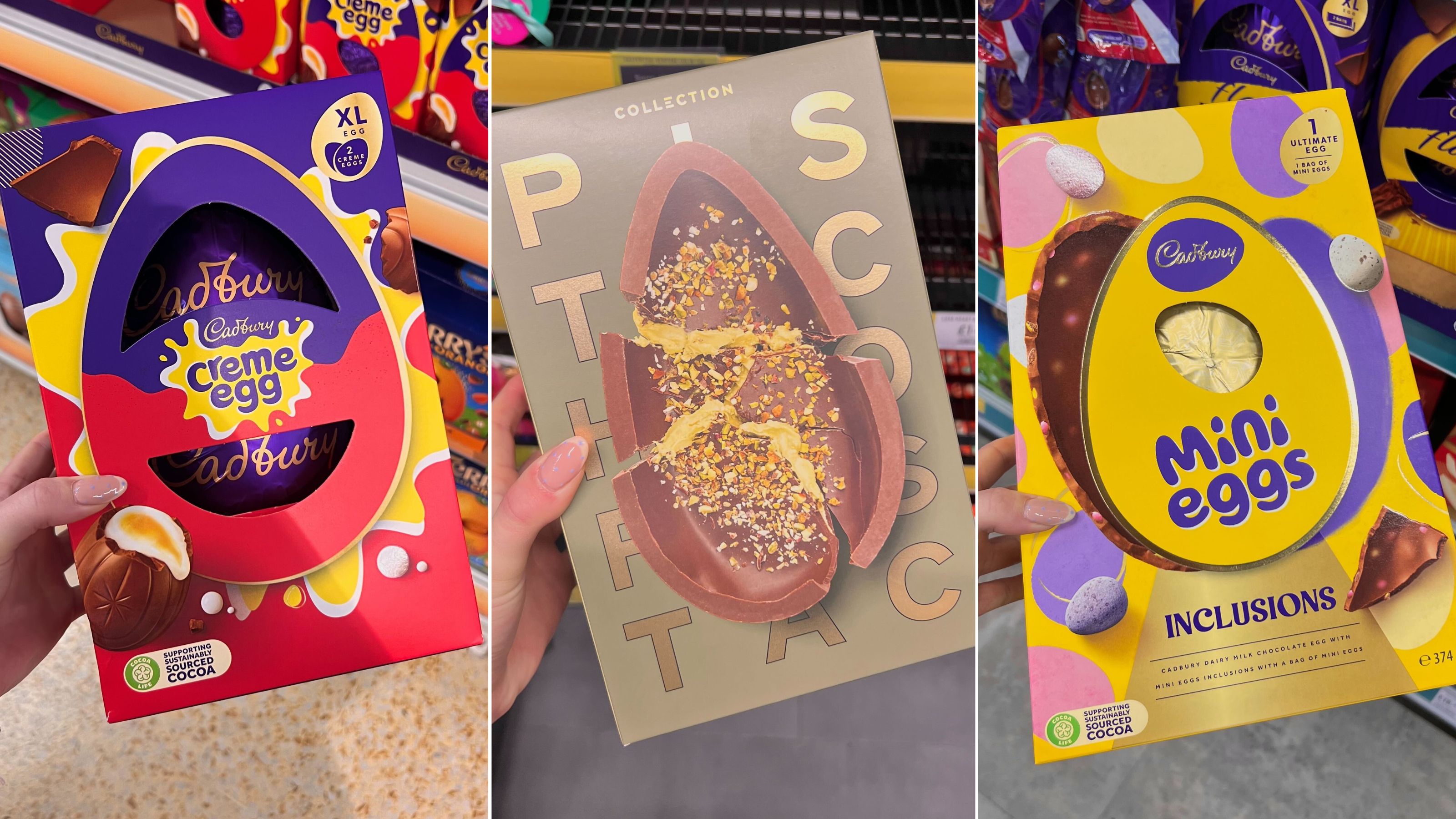 Layla Al-Ani holding an XL Cadbury Creme Easter egg, Pistachio M&amp;S Easter egg, and an XL Mini Egg Easter egg.