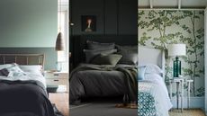 A collation of three images from the copy - A two toned green bedroom, with a lighter color on the top half of the wall and darker color on the bottom half. a bed with a rustic wooden bed frame and low hanging rattan pendant - An example of dark bedrooms showing a bedroom with dark green painted walls and ceiling, and green bedding - A bedroom with green-blue bed linen and a mural-like wallpaper covered in trees.