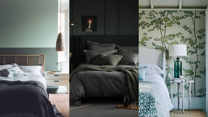 A collation of three images from the copy - A two toned green bedroom, with a lighter color on the top half of the wall and darker color on the bottom half. a bed with a rustic wooden bed frame and low hanging rattan pendant - An example of dark bedrooms showing a bedroom with dark green painted walls and ceiling, and green bedding - A bedroom with green-blue bed linen and a mural-like wallpaper covered in trees.