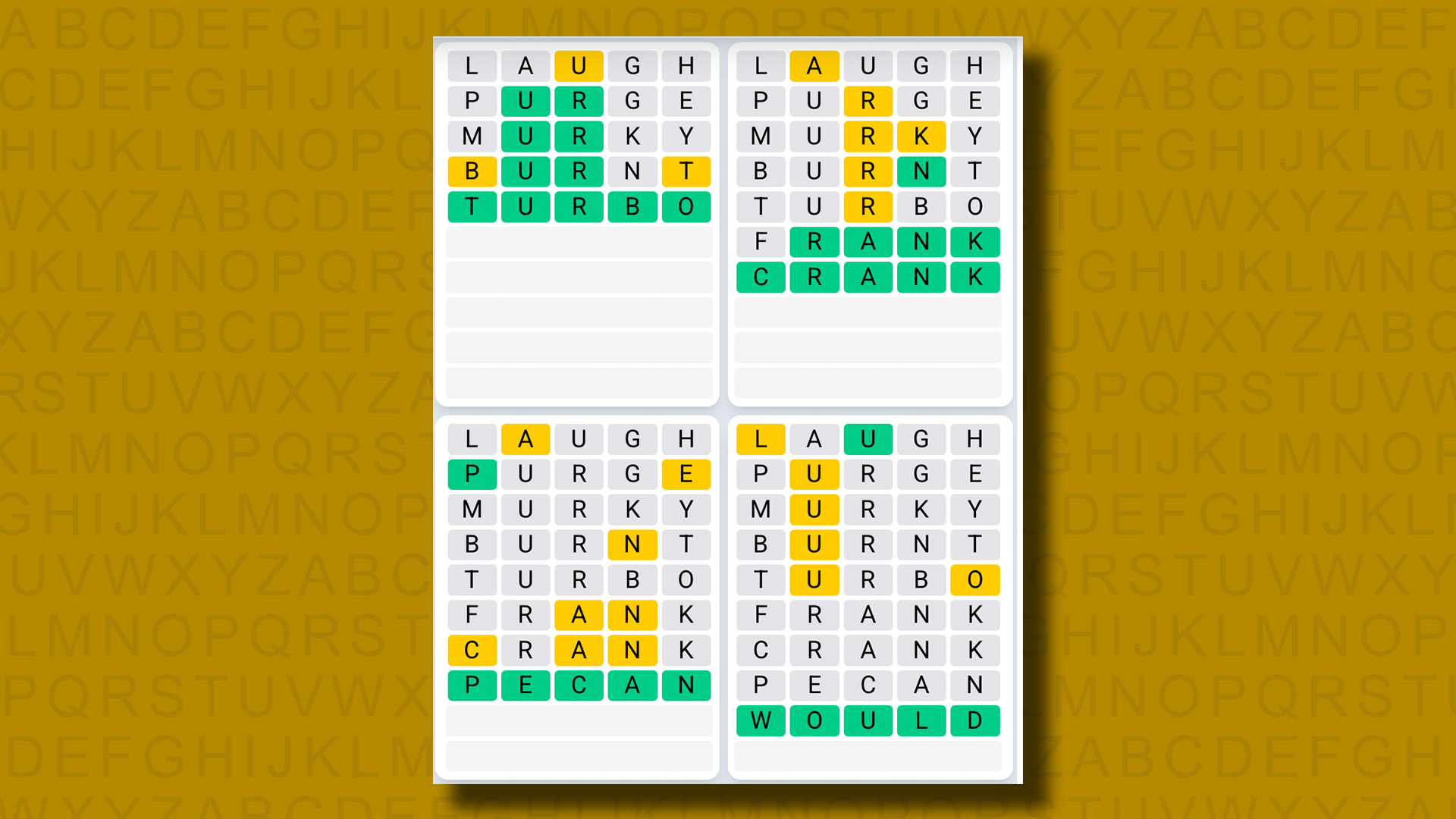 Quordle Daily Sequence answers for game 1145 on a yellow background