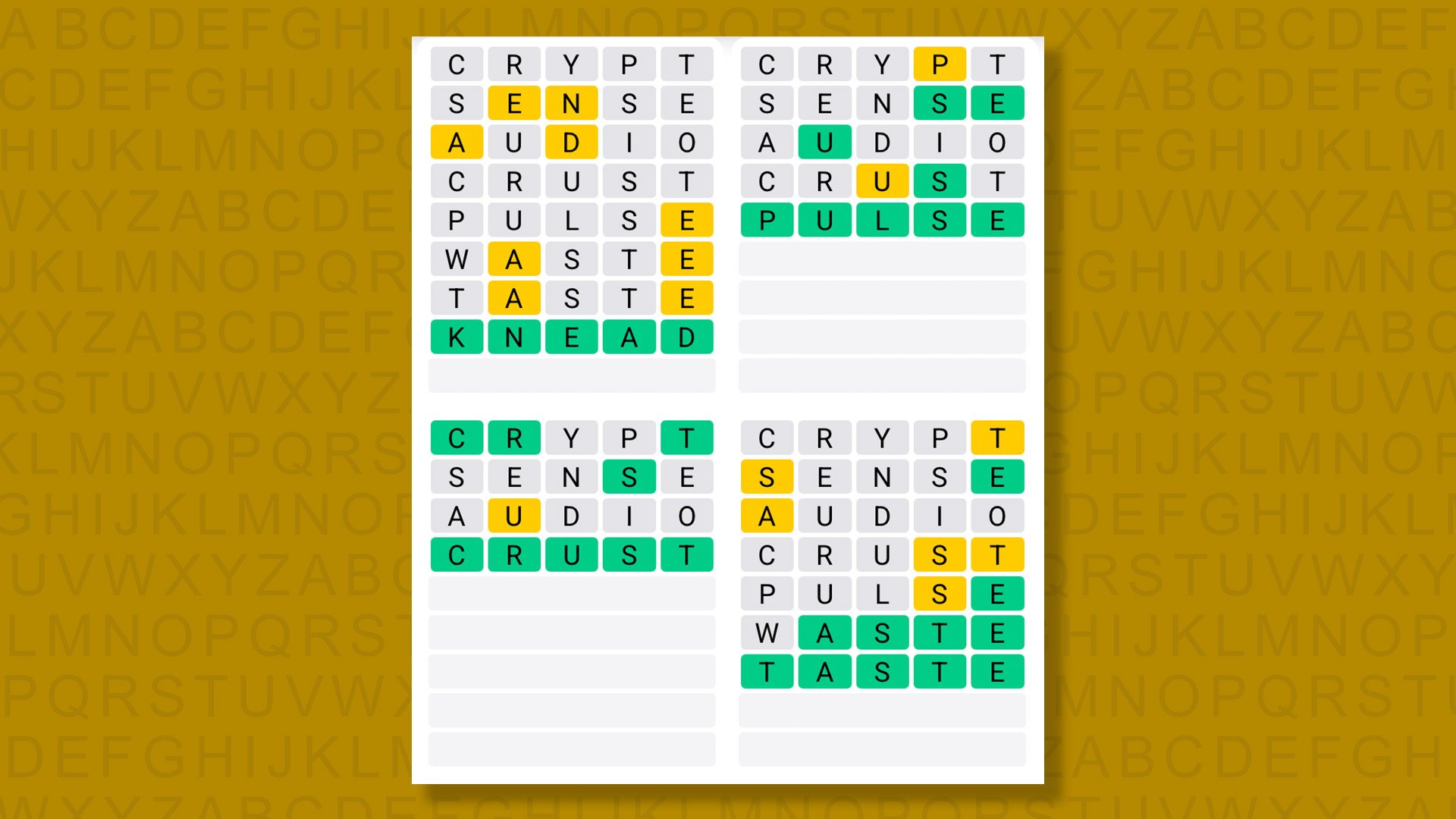 Quordle answers for game 1550 on a yellow background