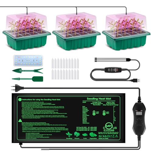 Verdenu 3pk Seed Starter Tray With Grow Lights and Tempe-Control Heat Mat, 36-Cell Large Seedling Starter Kit With Humidity Dome, Adjustable Led Lighting for Seed Germination,temperature Adjustable