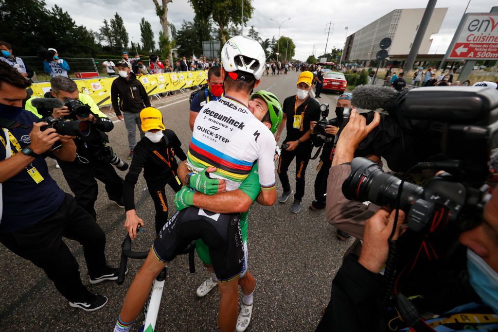 VALENCE FRANCE JULY 06 Julian Alaphilippe of France Mark Cavendish of The United Kingdom and Team Deceuninck QuickStep Green Points Jersey stage winner celebrates at arrival during the 108th Tour de France 2021 Stage 10 a 1907km stage from Albertville to Valence Press Media LeTour TDF2021 on July 06 2021 in Valence France Photo by Chris GraythenGetty Images