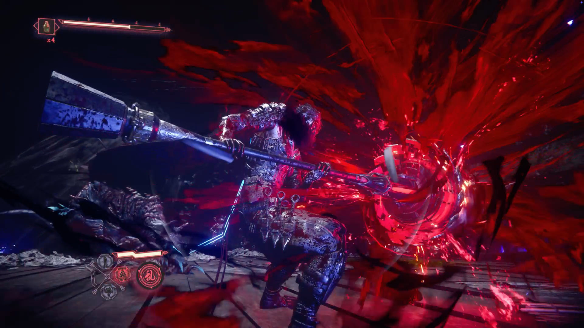 Yakumo delivers an onging drill attack on enemies in Ninja Gaiden 4
