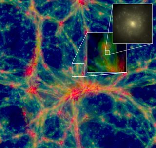 An individual galaxy can be resolved from within the large-scale cosmic web, in this still image from a simulation of the universe.