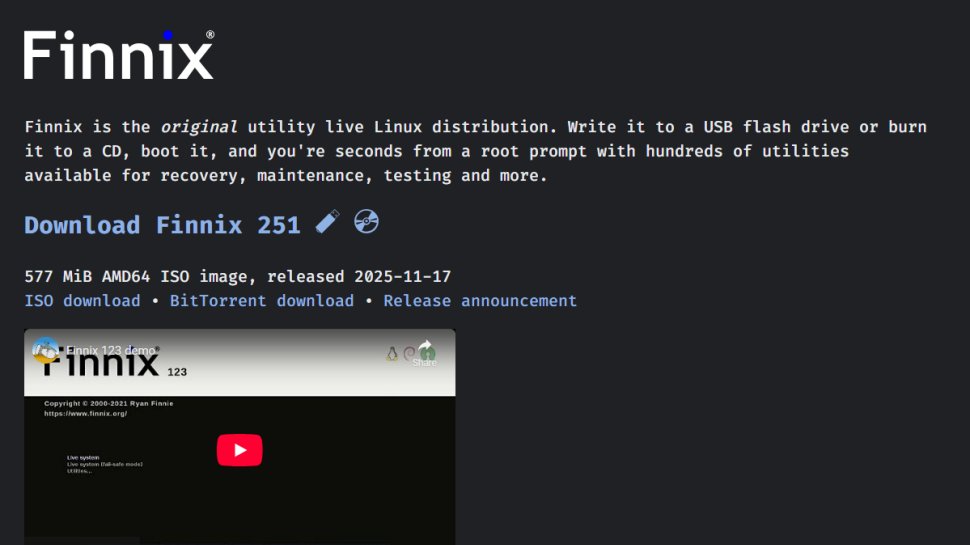 Website screenshot of Finnix (January, 2026)