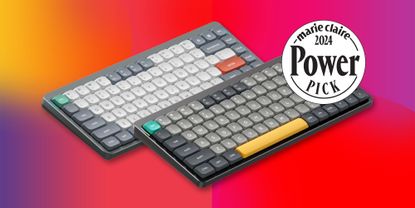 NuPhy Air75 V2 Keyboard with Marie Claire 2024 Power Pick white stamp and a rainbow background