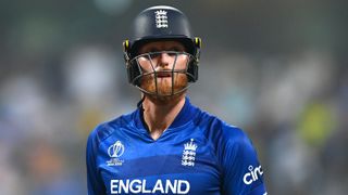Gingered-bearded cricketer Ben Stokes of England in a mid-blue team shirt prepares for the England match.