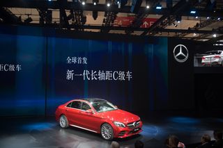 The new Mercedes-Benz C-Class L is presented for its world premier during a press conference at the Beijing Auto Show in Beijing on April 25, 2018. - Global carmakers touted their latest elec