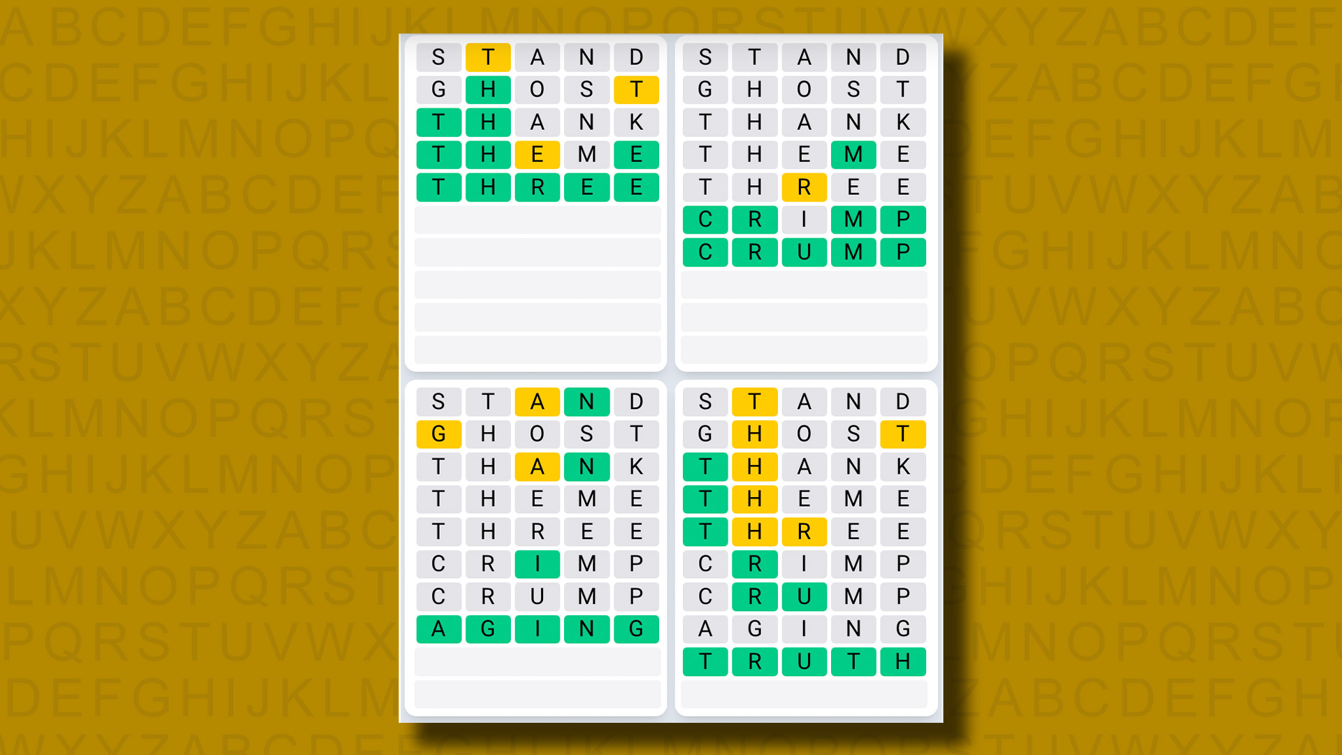 Quordle Daily Sequence answers for game 1065 on a yellow background