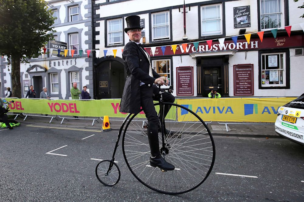 A penny farthing on the street before the start of stage 3.