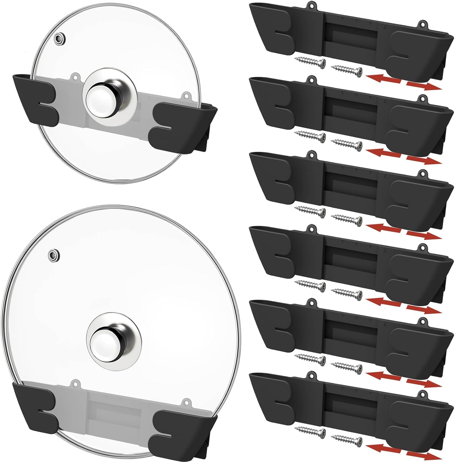 Nicejak Adjustable Universal Pot Lid Holder Organizer - Upgraded Patented Pan Lids Organizers Inside Cabinet Door Wall Mount Pots Top Rack for Kitchen Cupboard Fit 6" to 13" (4pack-Black)