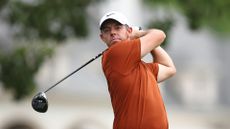 Rory McIlroy hits driver during round two of the 2025 PGA Championship
