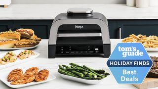 Ninja Foodi Smart XL shown on kitchen table surrounded by grilled food