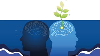 Two silhouettes of a head, one in dark blue, the other in light blue, facing away from each other. The light blue one has a plant sprouting from it, symbolising growth and creativity