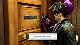 Majima considers what to do when the bathroom is occupied in Like a Dragon: Pirate Yakuza in Hawaii