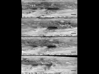 NASA's Cassini spacecraft images of hot spots in Jupiter's atmosphere in Nov. and Dec. 2000.