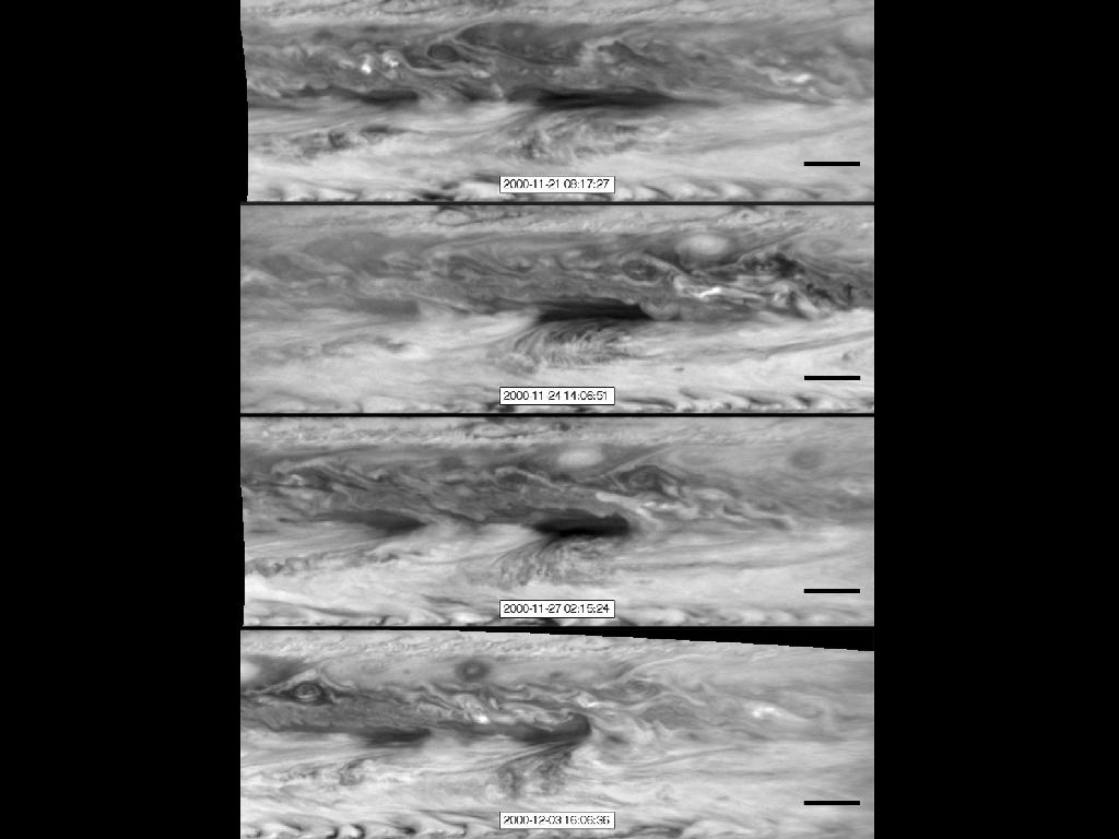 NASA&#039;s Cassini spacecraft images of hot spots in Jupiter&#039;s atmosphere in Nov. and Dec. 2000.