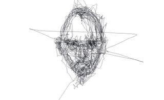 A Fink laser eye drawing of a persons head, face and shoulder on a white background