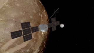 An animation depicting Europe's JUICE spacecraft approaching Jupiter's moon Ganymede.