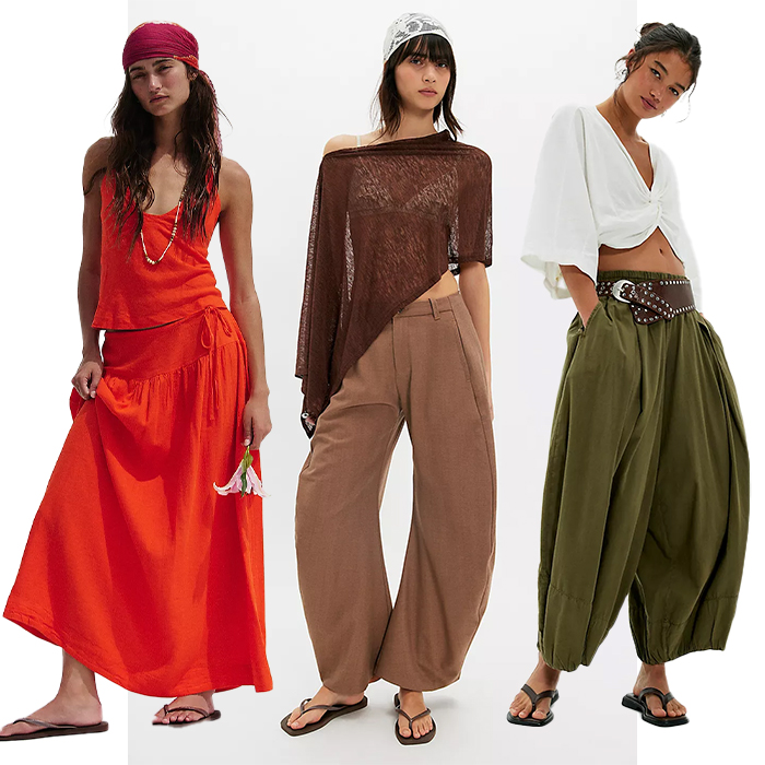 Models wear FP clothing. One model wears brown barrel leg pants and deep brown poncho. One model wears red skirt set with scarf tied around her head. The last model wears green balloon pants. 