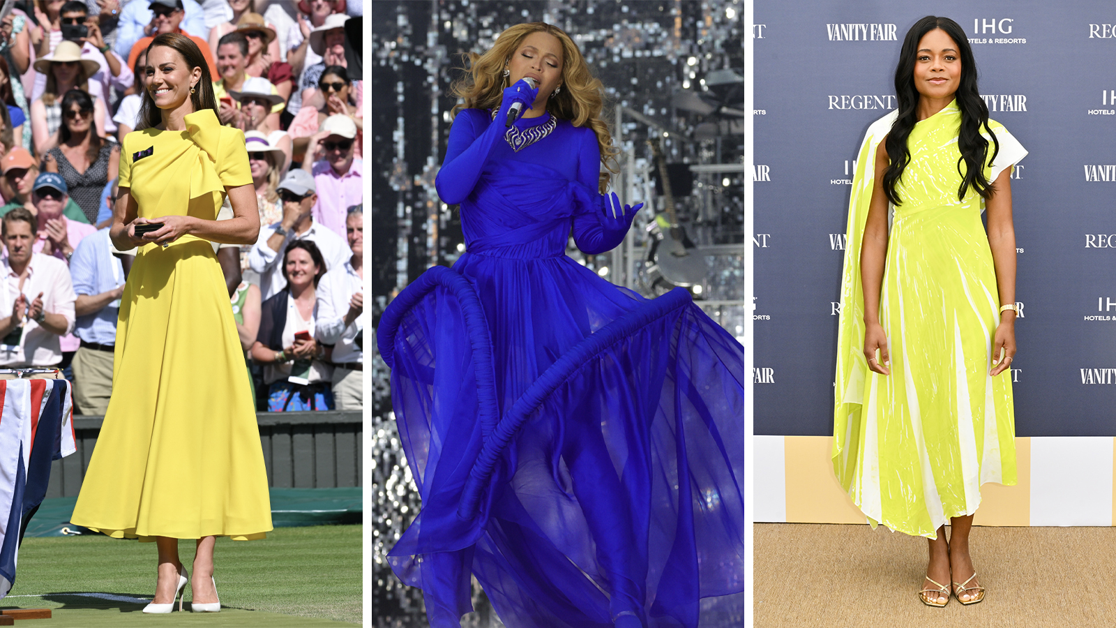 composite image of Kate Middleton, Beyonce and Naomie Harris wearing Roksanda
