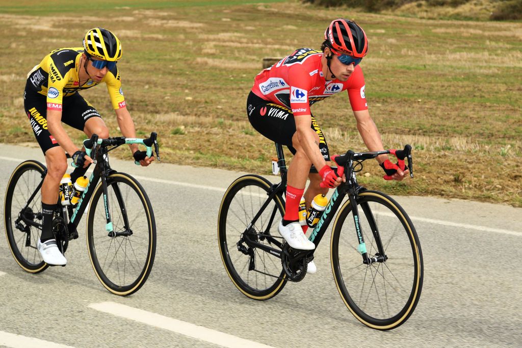 LEKUNBERRI SPAIN OCTOBER 21 Primoz Roglic of Slovenia and Team Jumbo Visma Red Leader Jersey during the 75th Tour of Spain 2020 Stage 2 a 1516km stage from Pamplona to Lekunberri lavuelta LaVuelta20 La Vuelta on October 21 2020 in Lekunberri Spain Photo by David RamosGetty Images